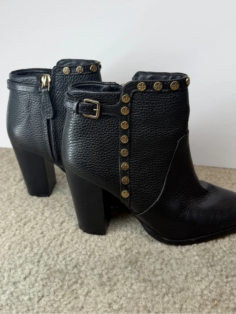 Tory Burch Black Pebbled Leather Studded Ankle Boots  5M